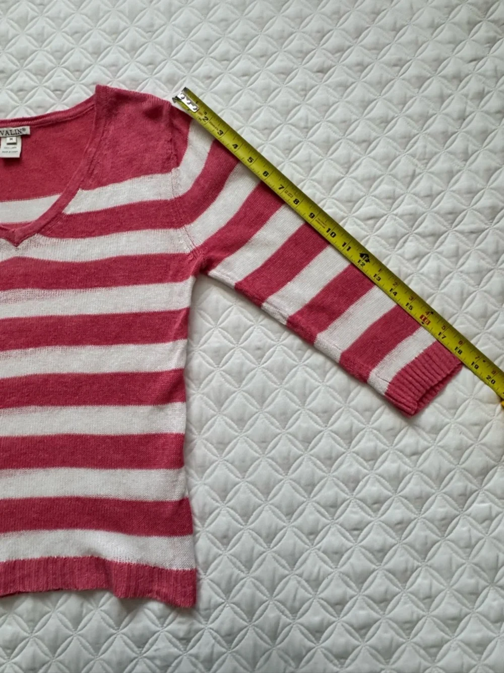 Avalin Pink & White Striped 100% Linen V-Neck Sweater Size M